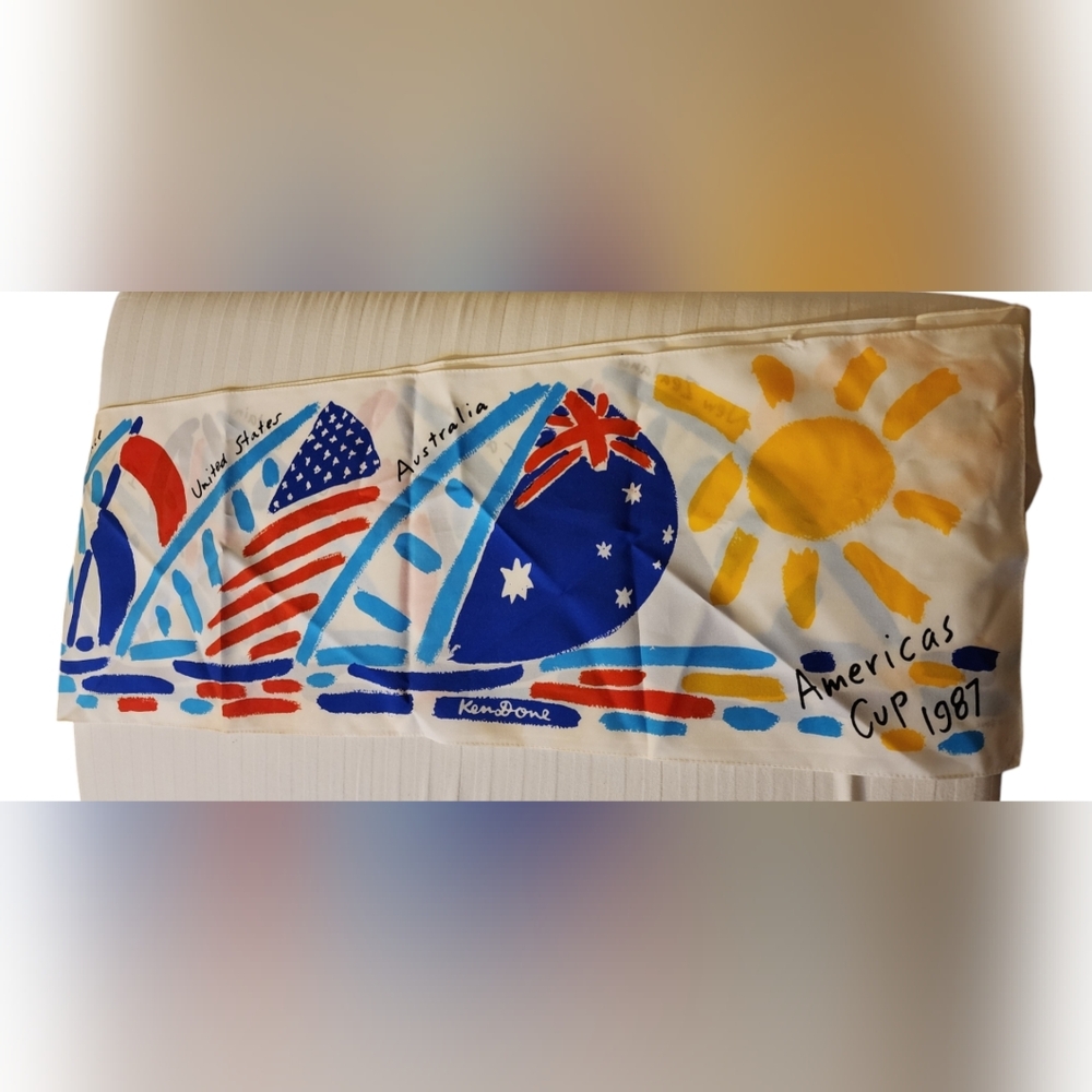 Vintage Ken Done Iconic America's Sailing Cup 1987 Print Scarf Nice!